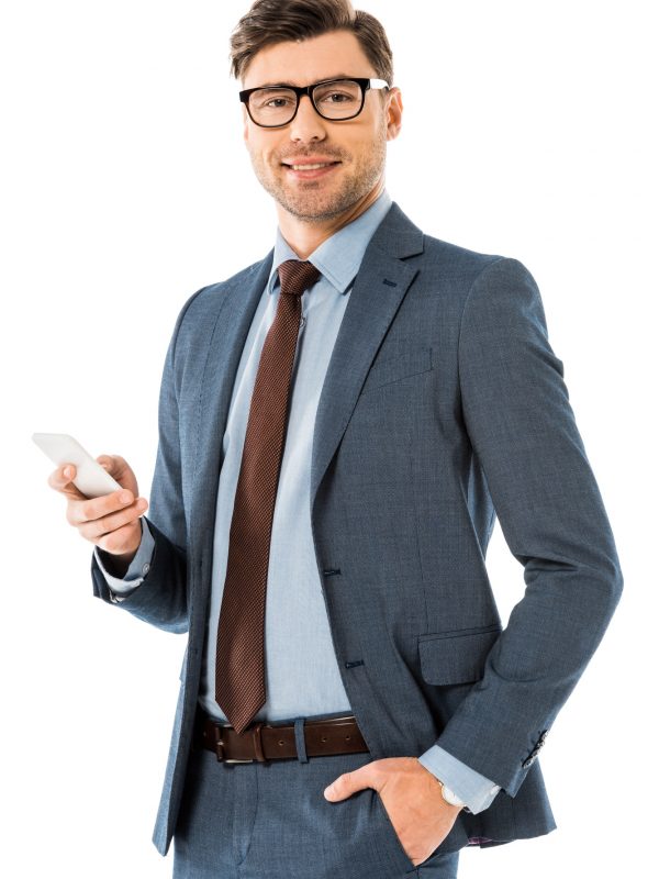 adult businessman using smartphone isolated on white