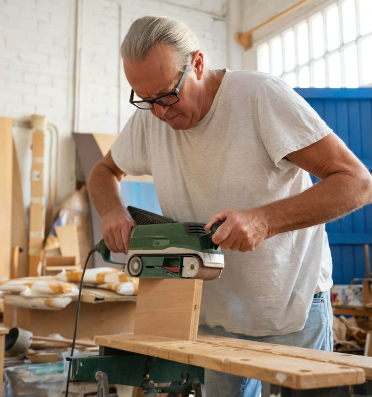 Carpenter working on wood craft at workspace producing wooden furniture.