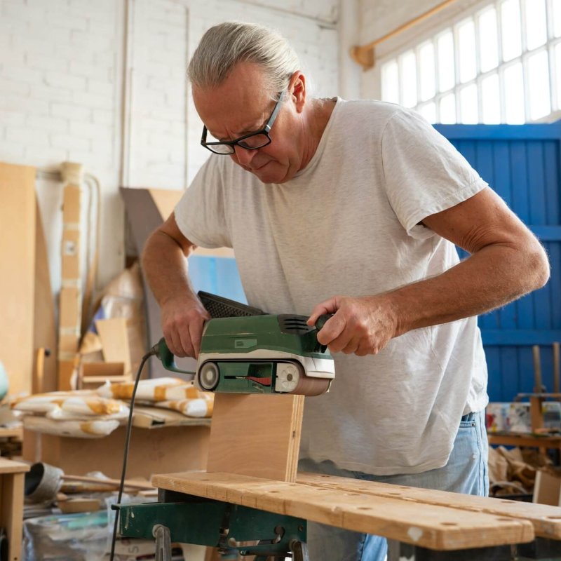 Carpenter working on wood craft at workspace producing wooden furniture.