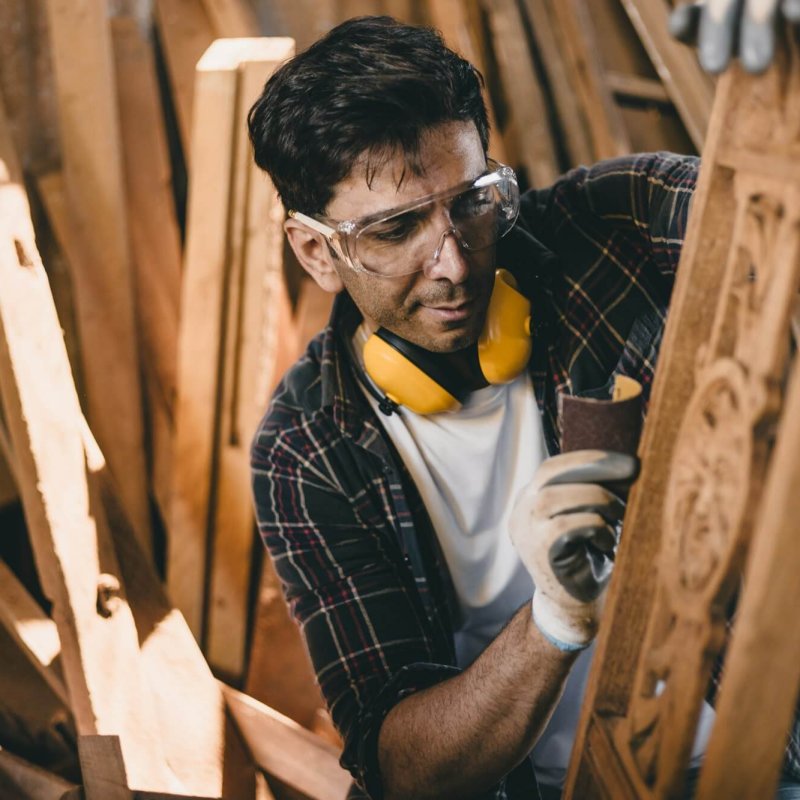 portrait professional carpenter man hand working make wooden handcraft furniture master workpiece