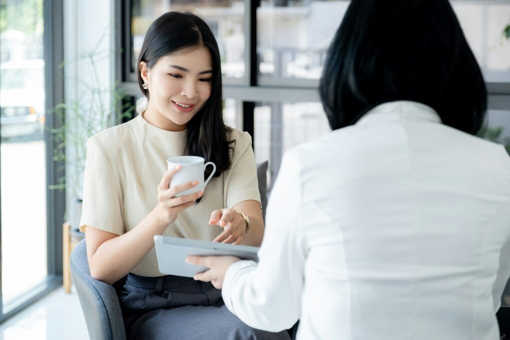 Salesperson presents a product, service, travel, savings, finance, investment or life insurance