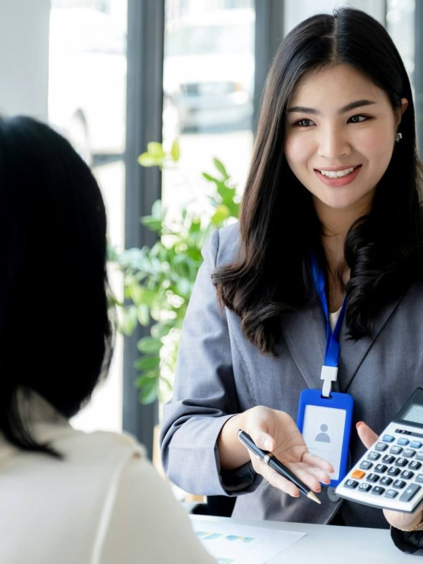 Salesperson presents a product, service, travel, savings, finance, investment or life insurance